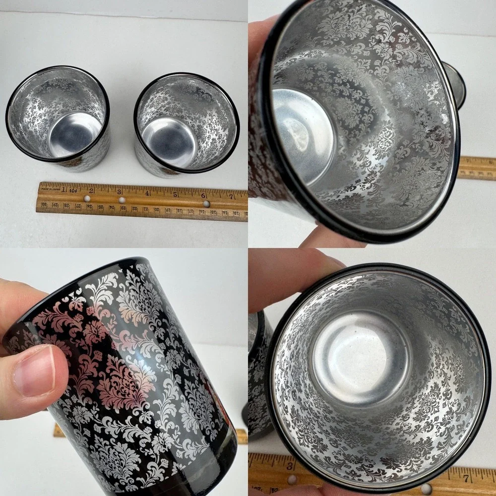 2 Damask Pattern 1 Black Gold Trim Table Tealight Candle Holders Glass Gothic